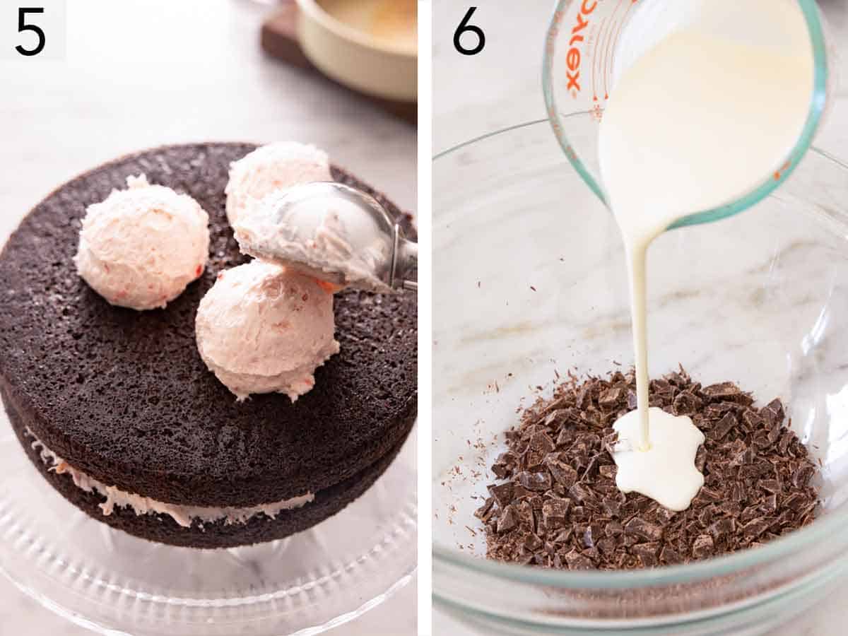Set of two photos showing the cake assembled and heavy cream added to chocolate.