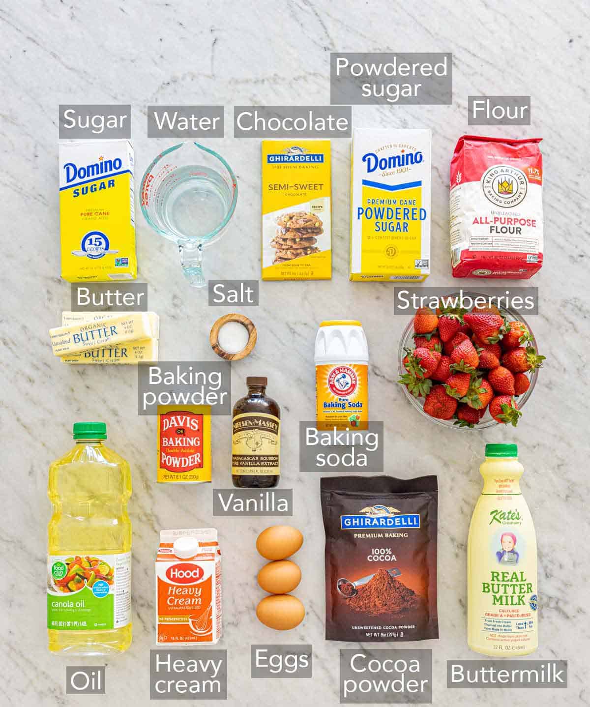 Ingredients needed to make chocolate strawberry cake.