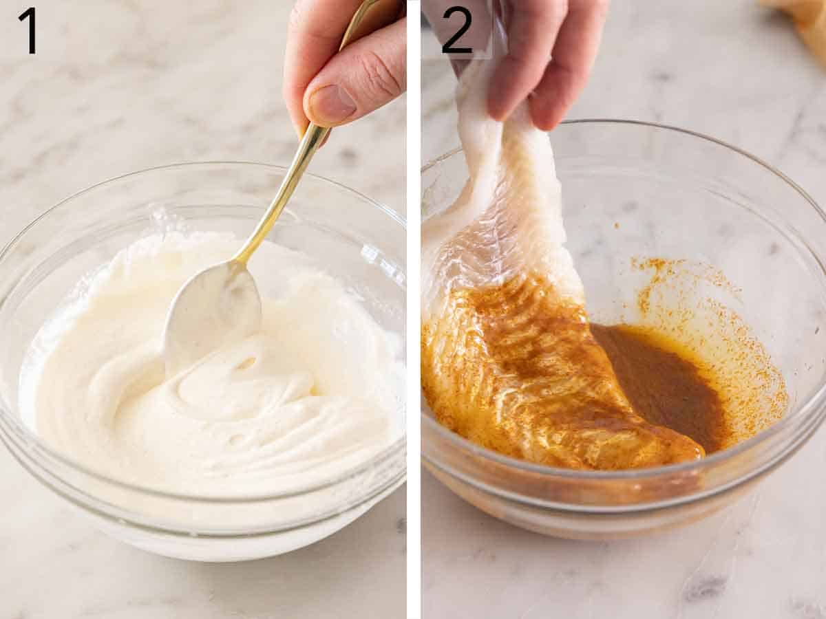 Set of two photos showing the sauce combined and fish added to seasoning.