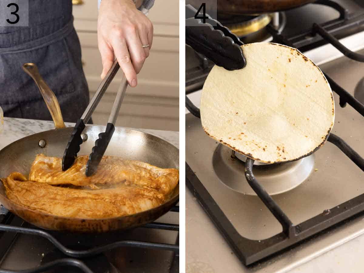 Set of two photos showing fish seared in a skillet and tortillas warmed on the stovetop.