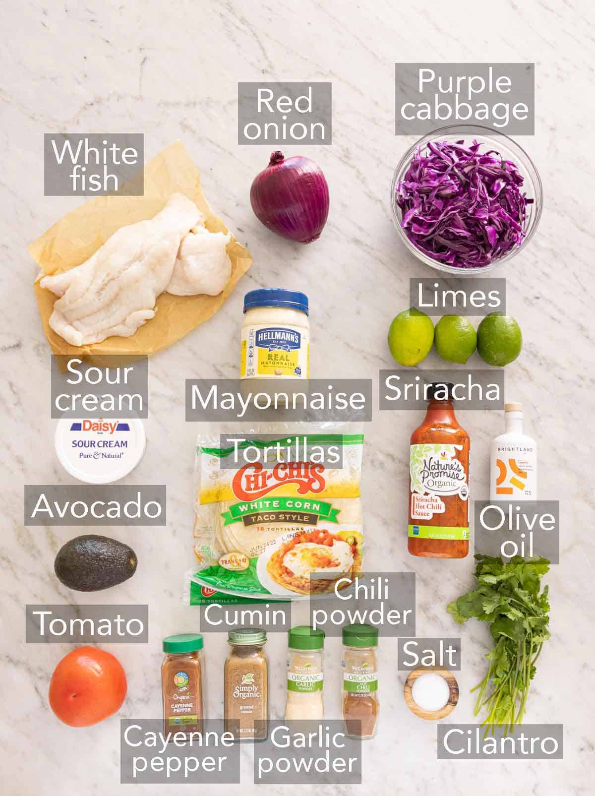 Ingredients needed to make fish tacos.