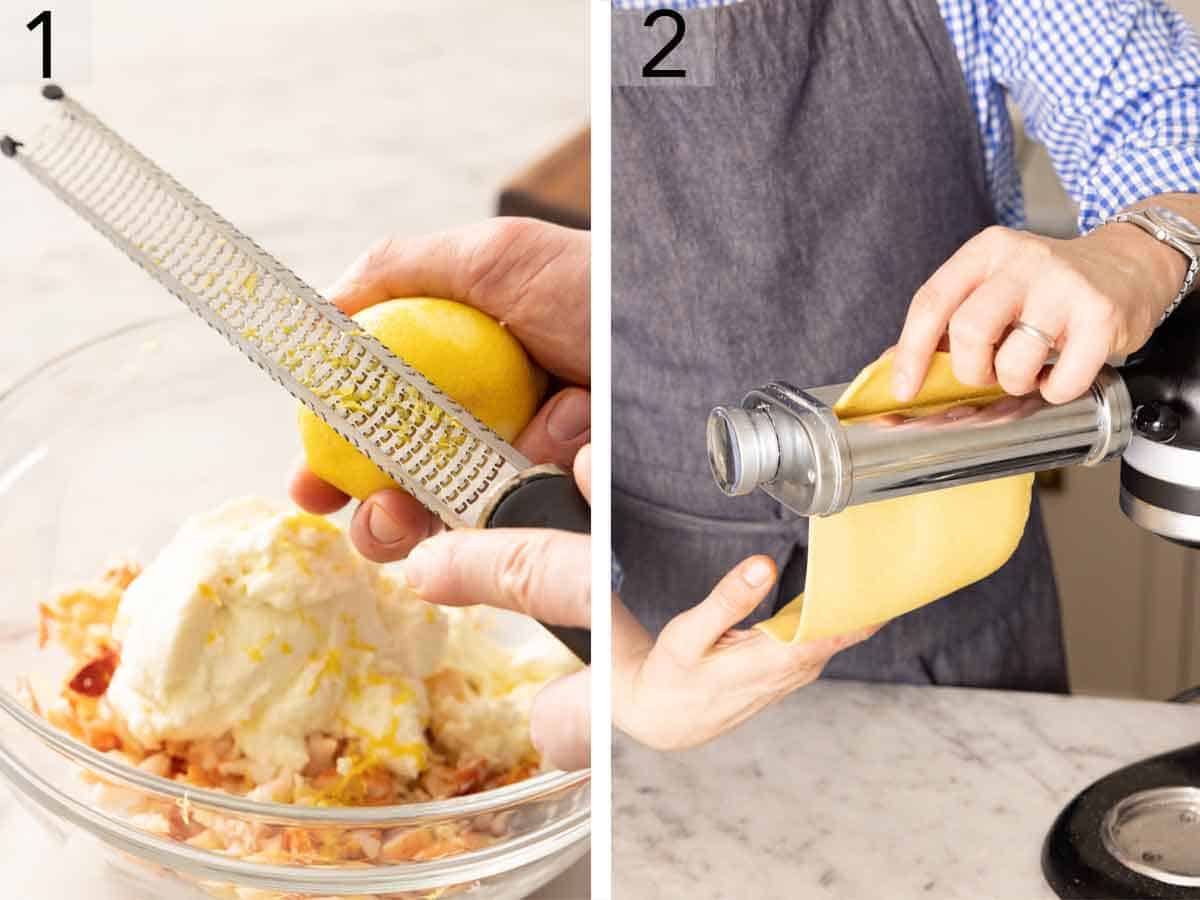 Set of two photos showing a lemon zested and pasta rolled.