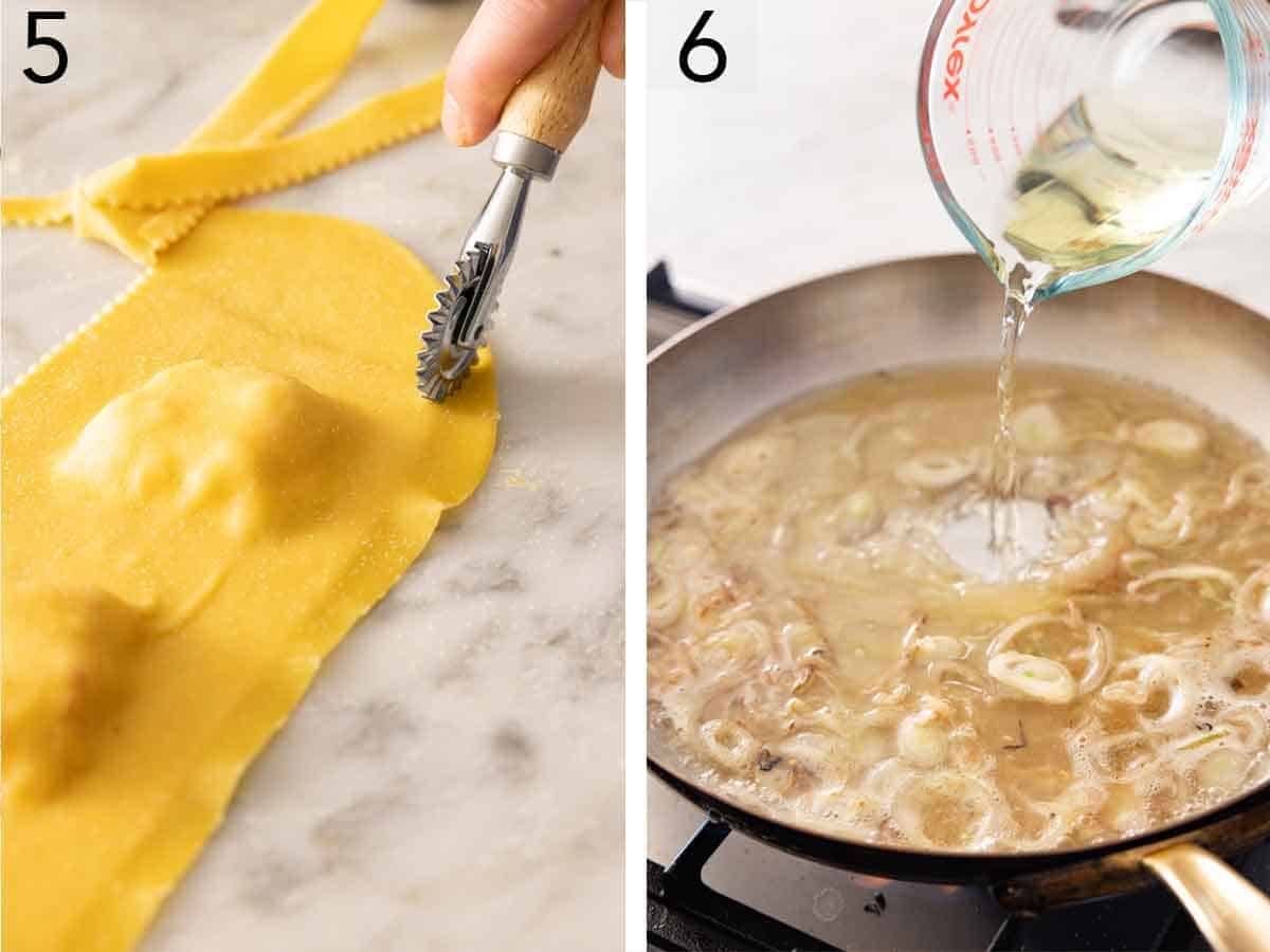 Set of two photos showing the pasta cut and wine added to a pan sauce.