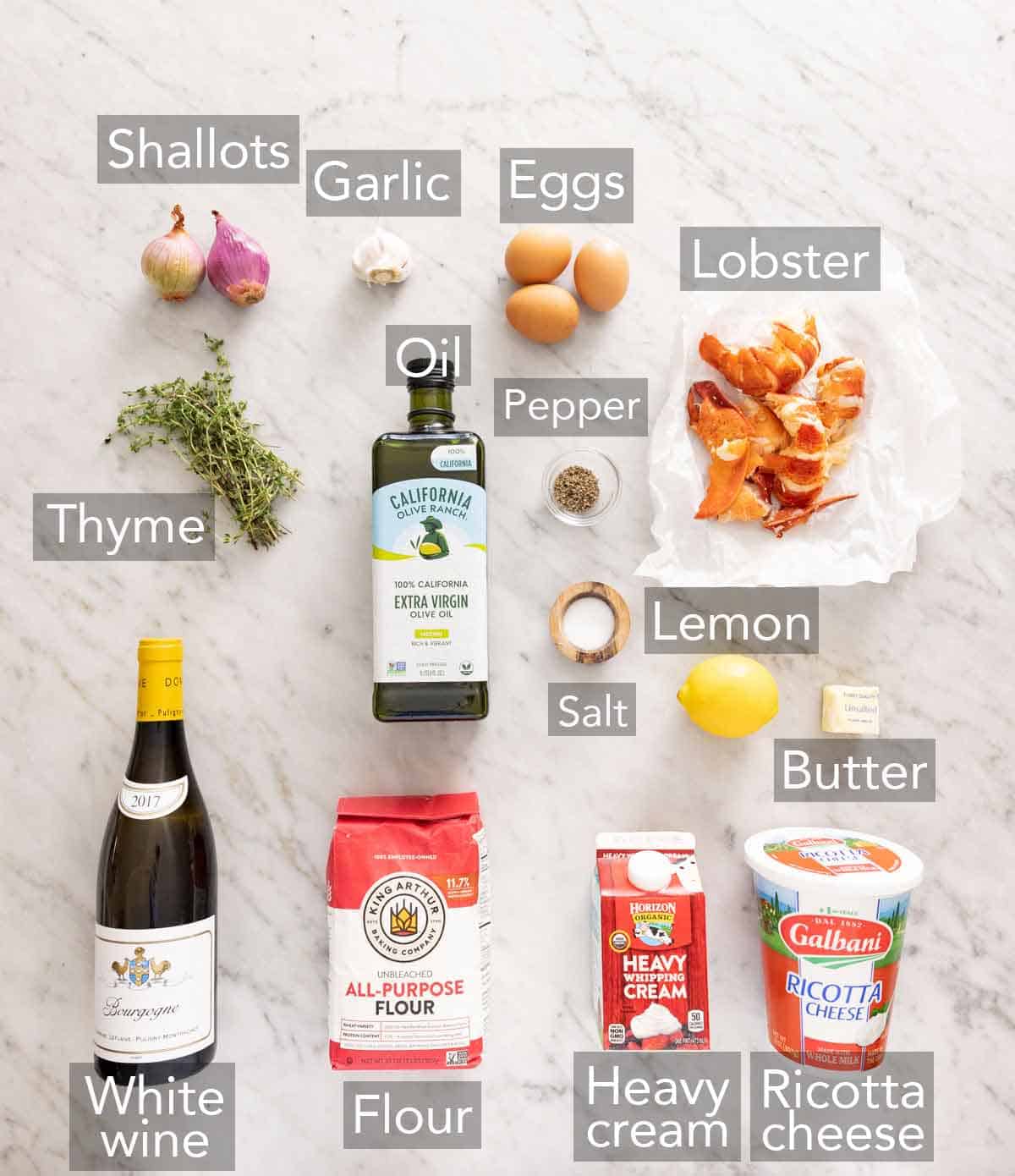 Ingredients needed to make lobster ravioli.