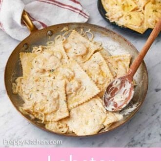 Pinterest graphic of a skillet of lobster ravioli with a wooden spoon.