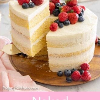 Pinterest graphic of a slice of naked cake lifted from the rest of the cake.