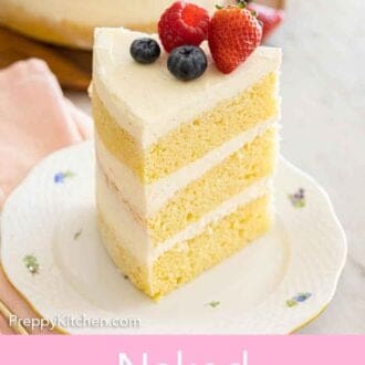 Pinterest graphic of a slice of naked cake showing the three cake layers with buttercream in-between with fresh berries on top.