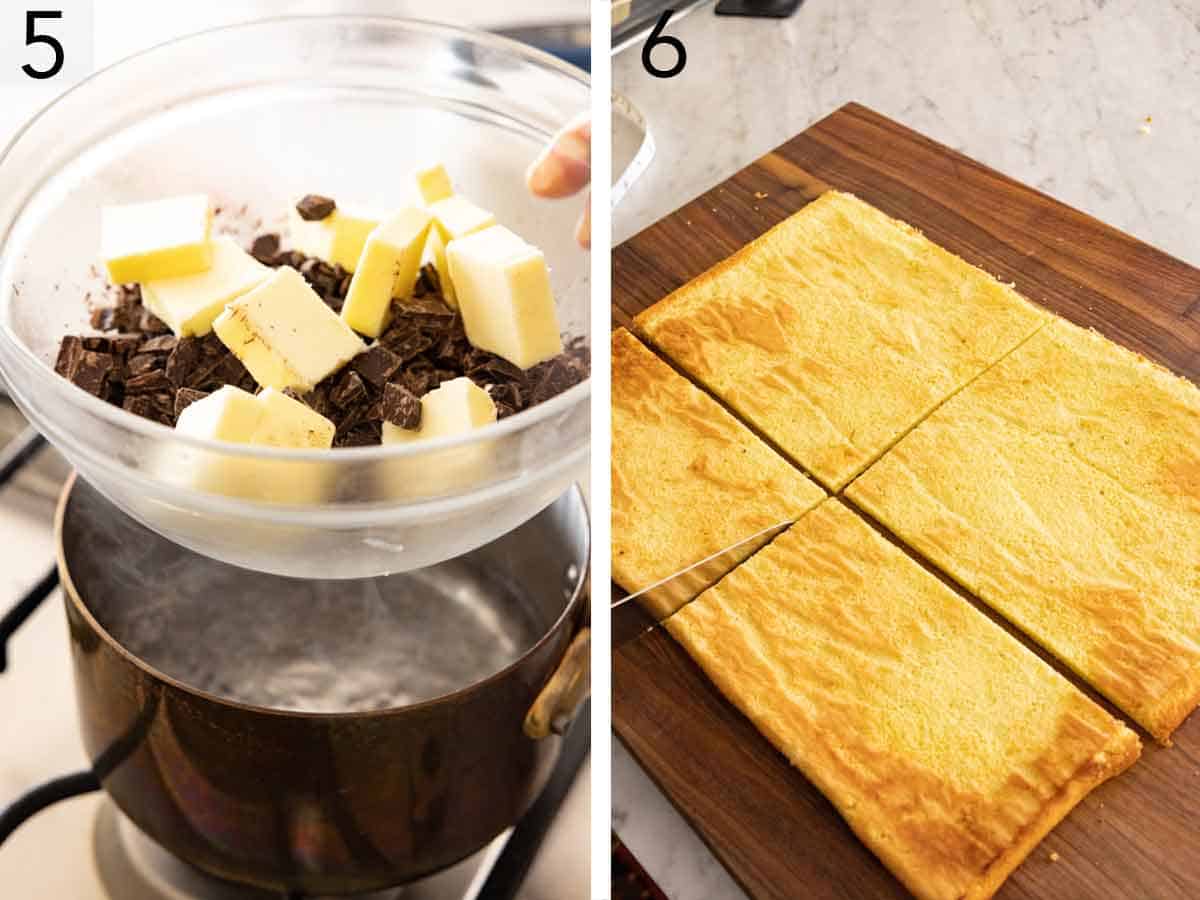 Set of two photos showing the process of chocolate glaze being made and cake cut.