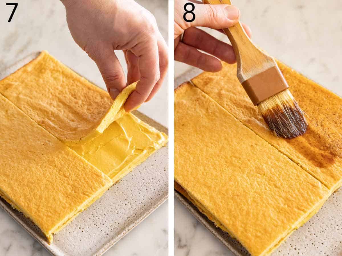 Set of two photos showing the cake being layered and brushed with coffee syrup.