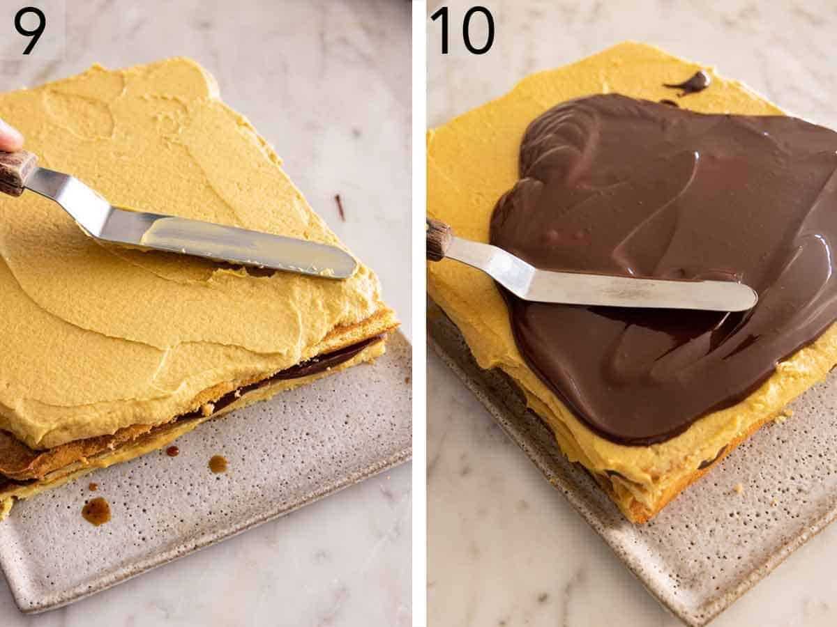 Set of two photos showing buttercream and chocolate glaze spread on a cake.