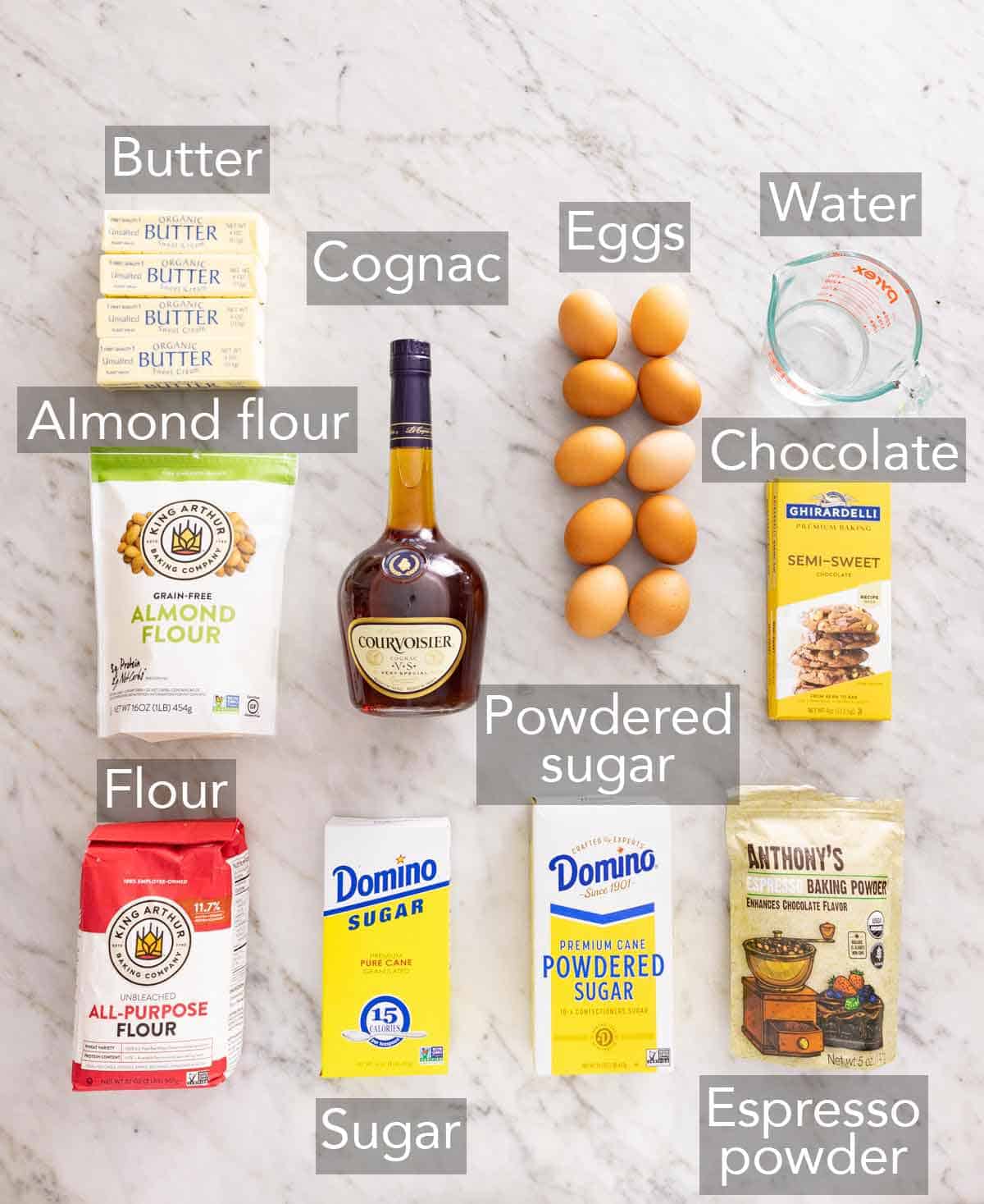 Ingredients needed to make opera cake.