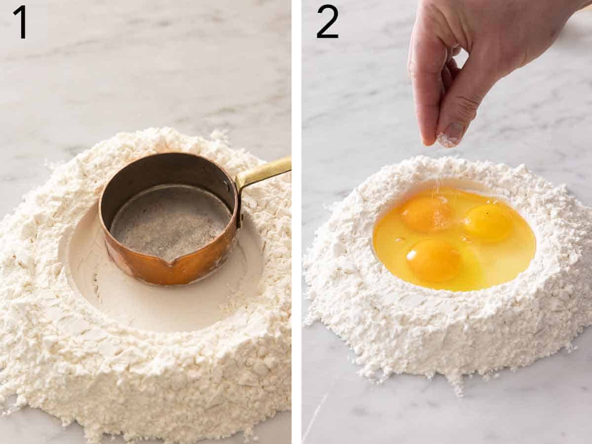 Set of two photos showing a well made in flour and eggs added to the well.