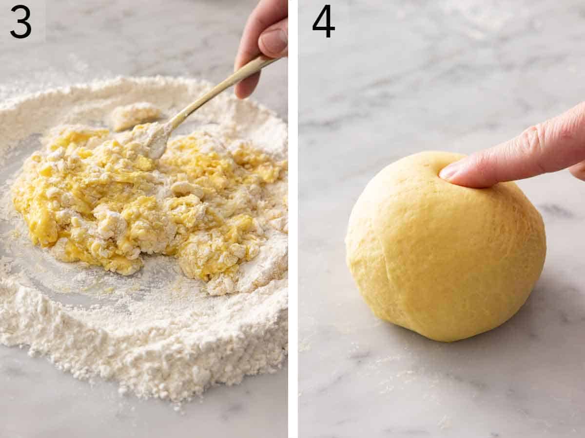 Set of two photo showing the dough mixed with a fork and rolled into a ball.