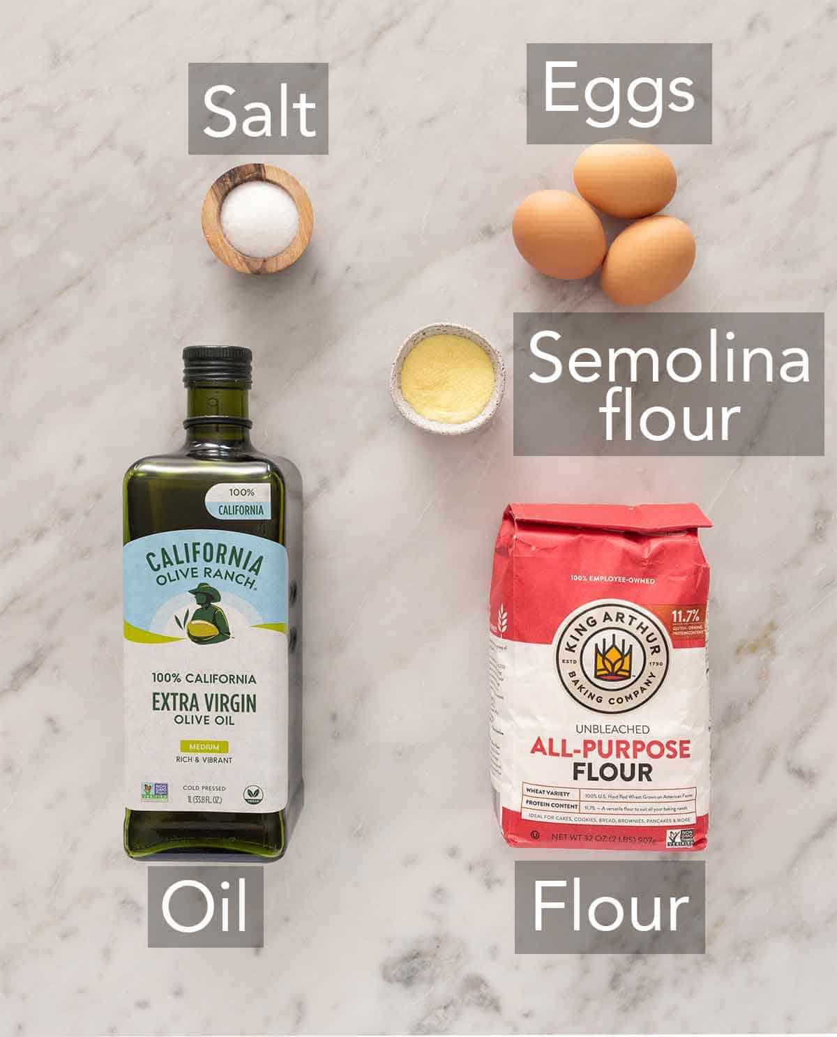 Ingredients needed to make pasta dough.