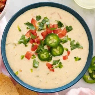 Overhead view of a bowl of queso dip with sliced jalapeno, diced tomatoes, and cilantro.