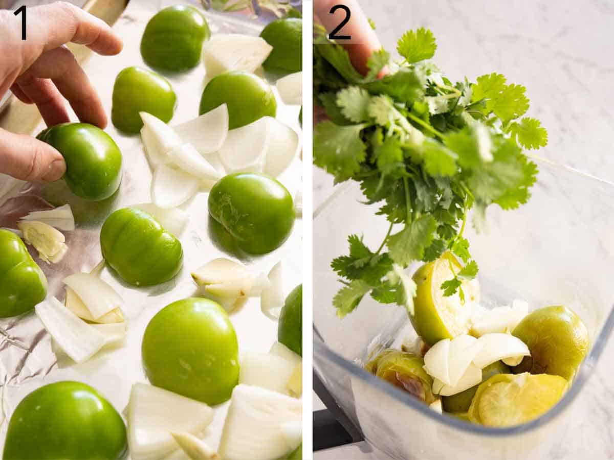 Set of two photos showing ingredients added to a sheet pan to roast then transferred to a blender.