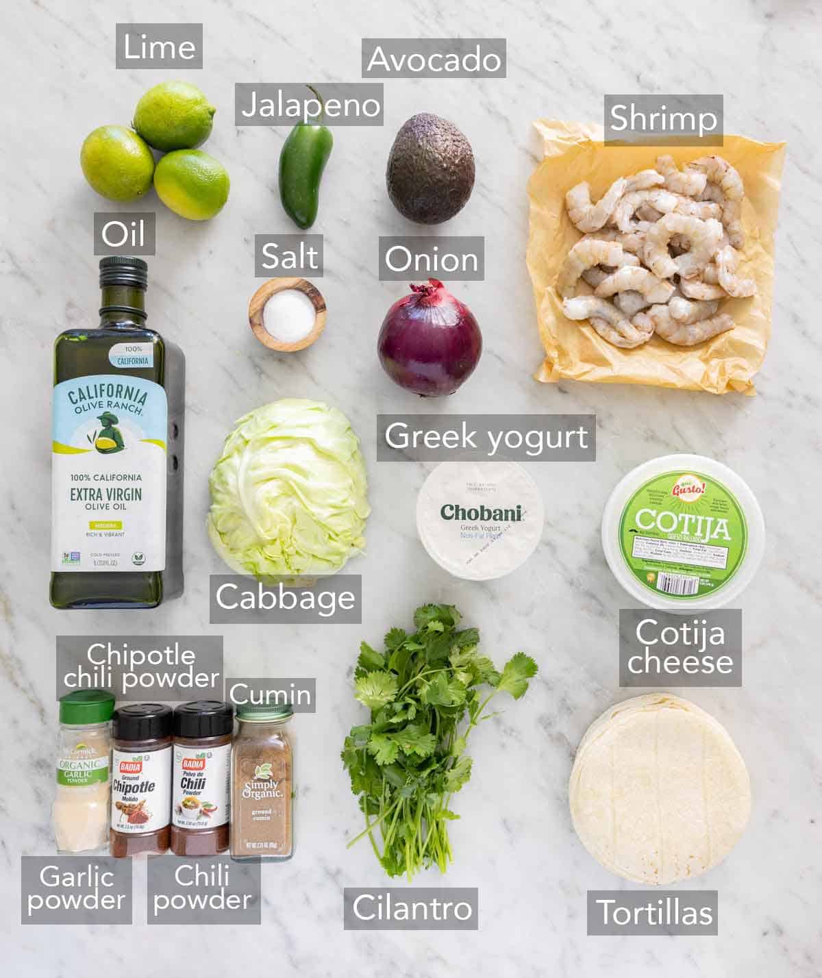 Ingredients needed to make shrimp tacos.