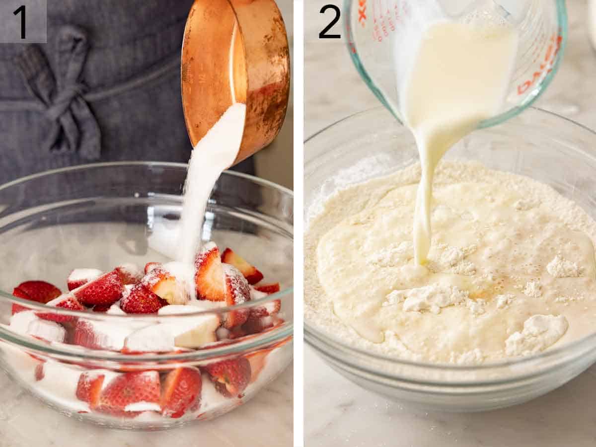 Set of two photos showing sugar added to the cut fruit and wet ingredients added to dry.