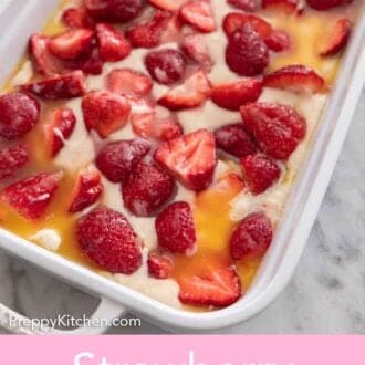 Pinterest graphic of a baking dish of strawberry cobbler.