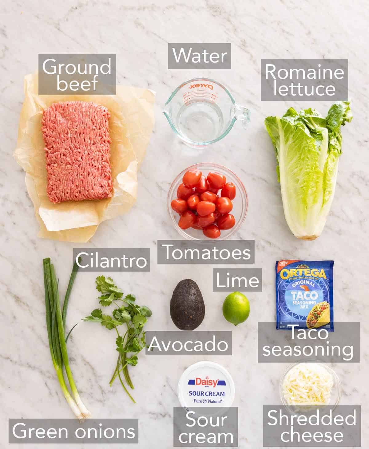 Ingredients needed to make taco salad.