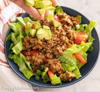 Pinterest graphic of diced avocado added to a taco salad.