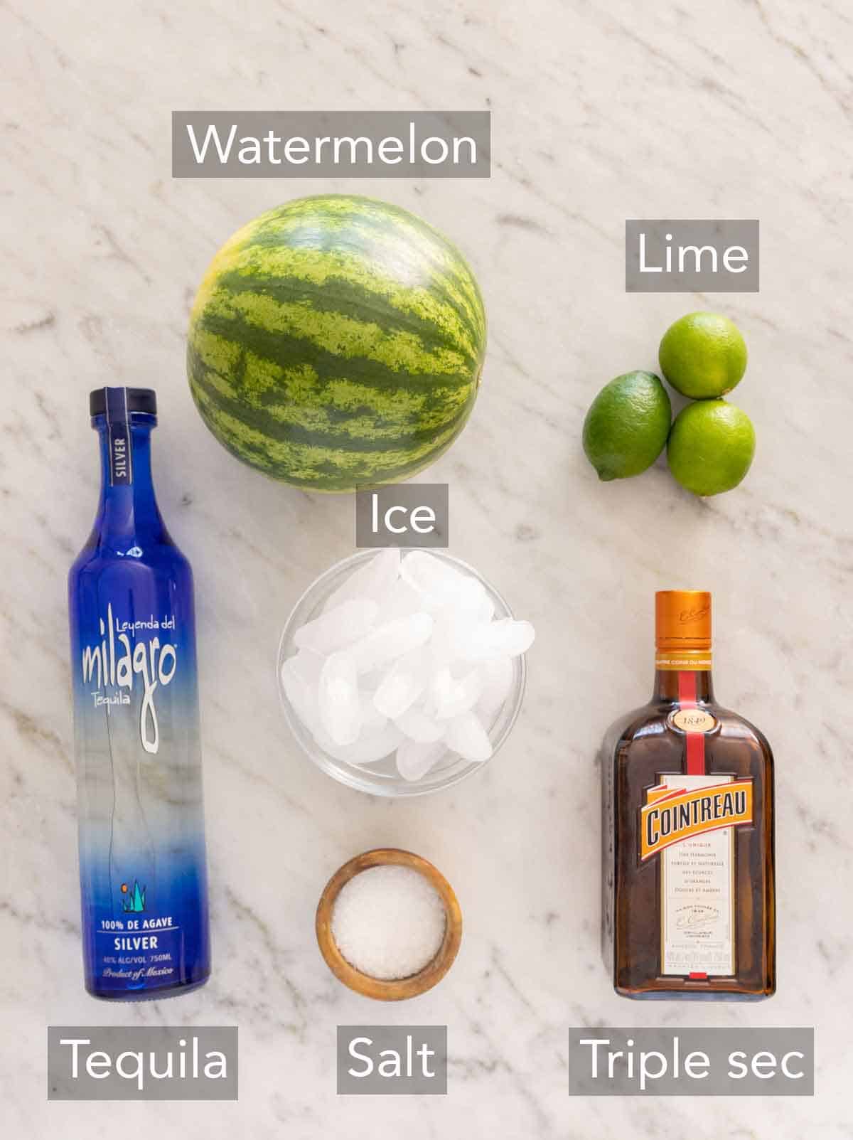 Ingredients needed to make watermelon margaritas.