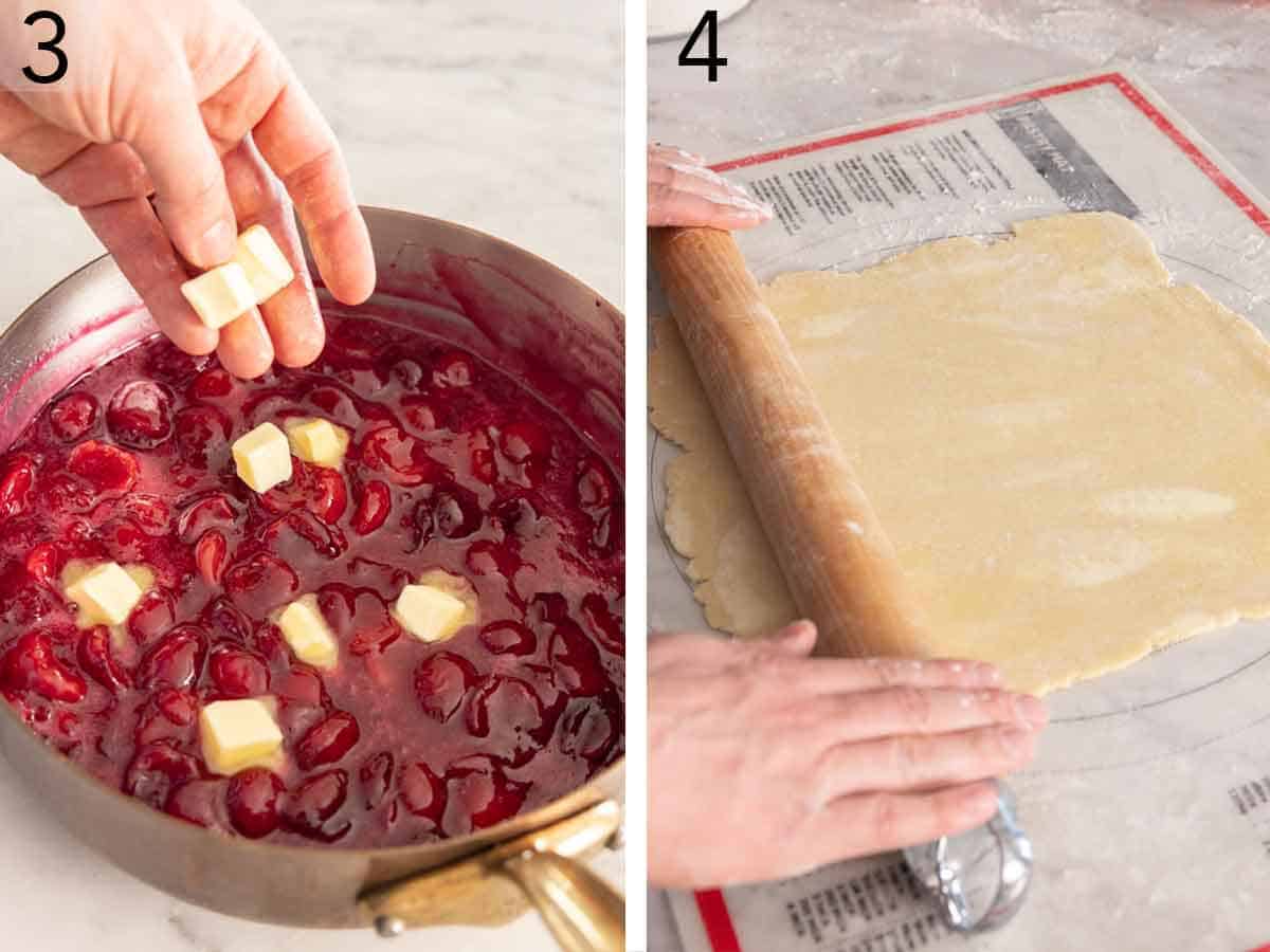 Set of two photos showing butter added to the pot of cooked cherry filling and pie crust rolled out.