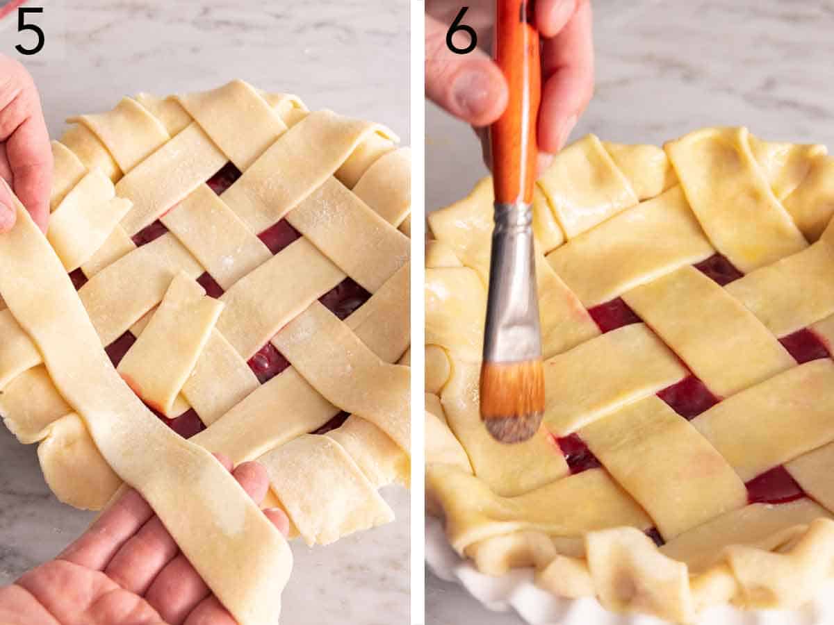 Set of two photos showing lattice pie top assembled and brushed.