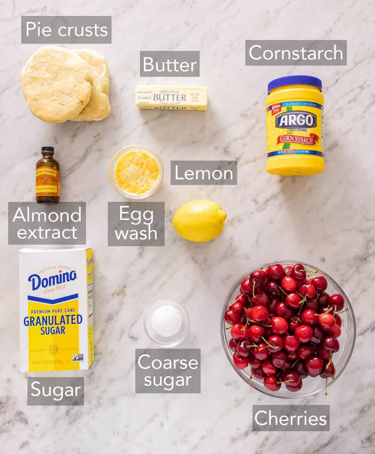 Ingredients needed to make a cherry pie.