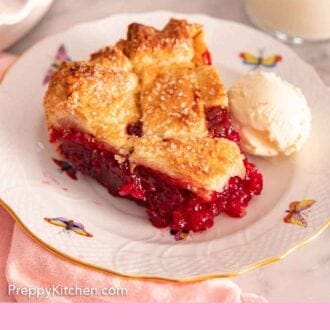 Pinterest graphic of a slice of cherry pie with a scoop of vanilla ice cream beside it.