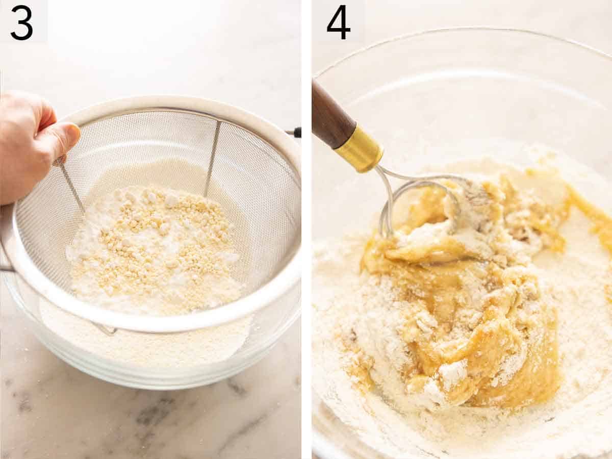 Set of two photos showing the dry ingredients sifted and whisked with the wet ingredients to make financier batter.