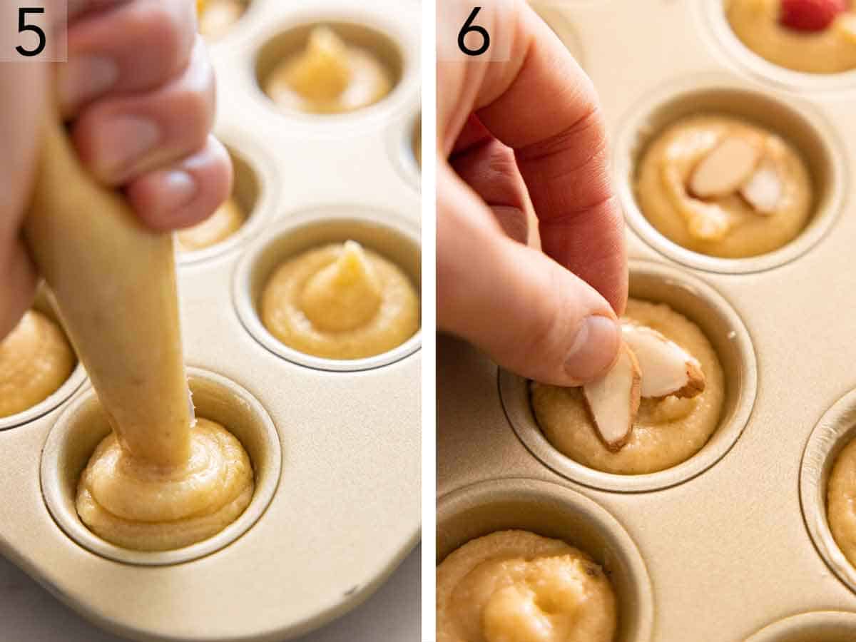 Set of two photos showing financier batter piped into the tin and topped with sliced almonds.