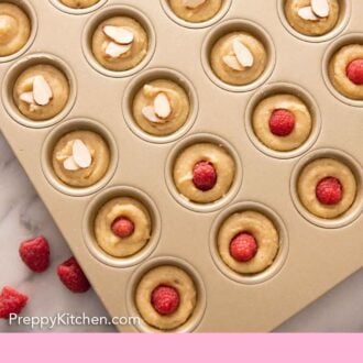 Pinterest graphic of an overhead view of financiers batter in a tin.