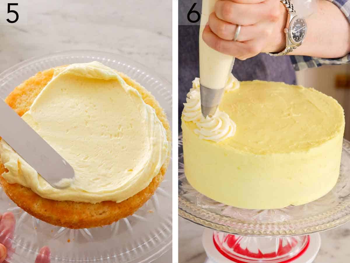 Set of two photos showing the cake layers frosted and being decorated.