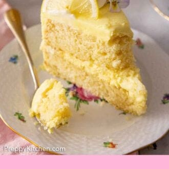 Pinterest graphic of a slice of homemade lemon cake with the tip of the cake on the fork resting beside it.