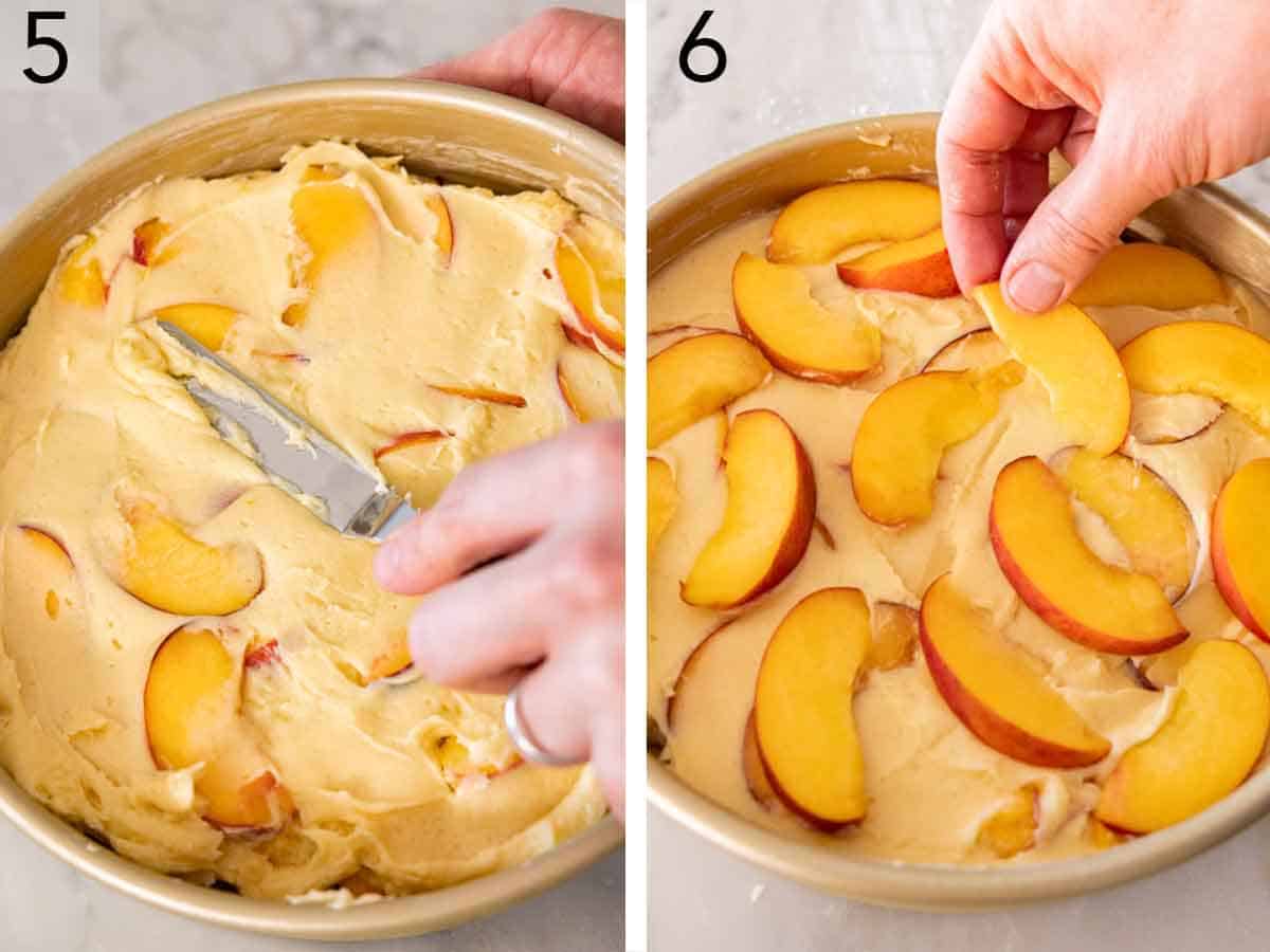 Set of two photos showing batter evened out in a cake pan and topped with more sliced peaches.