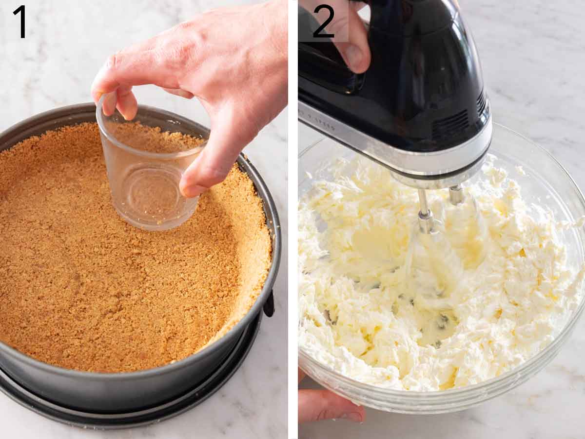 Set of two photos showing the crust being formed and cream cheese whipped.