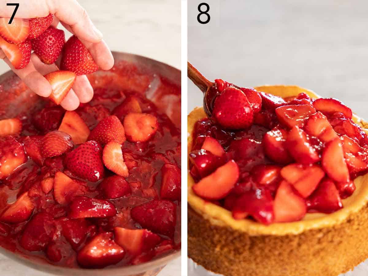 Set of two photos showing strawberries added to a skillet then spooned over a cheesecake.