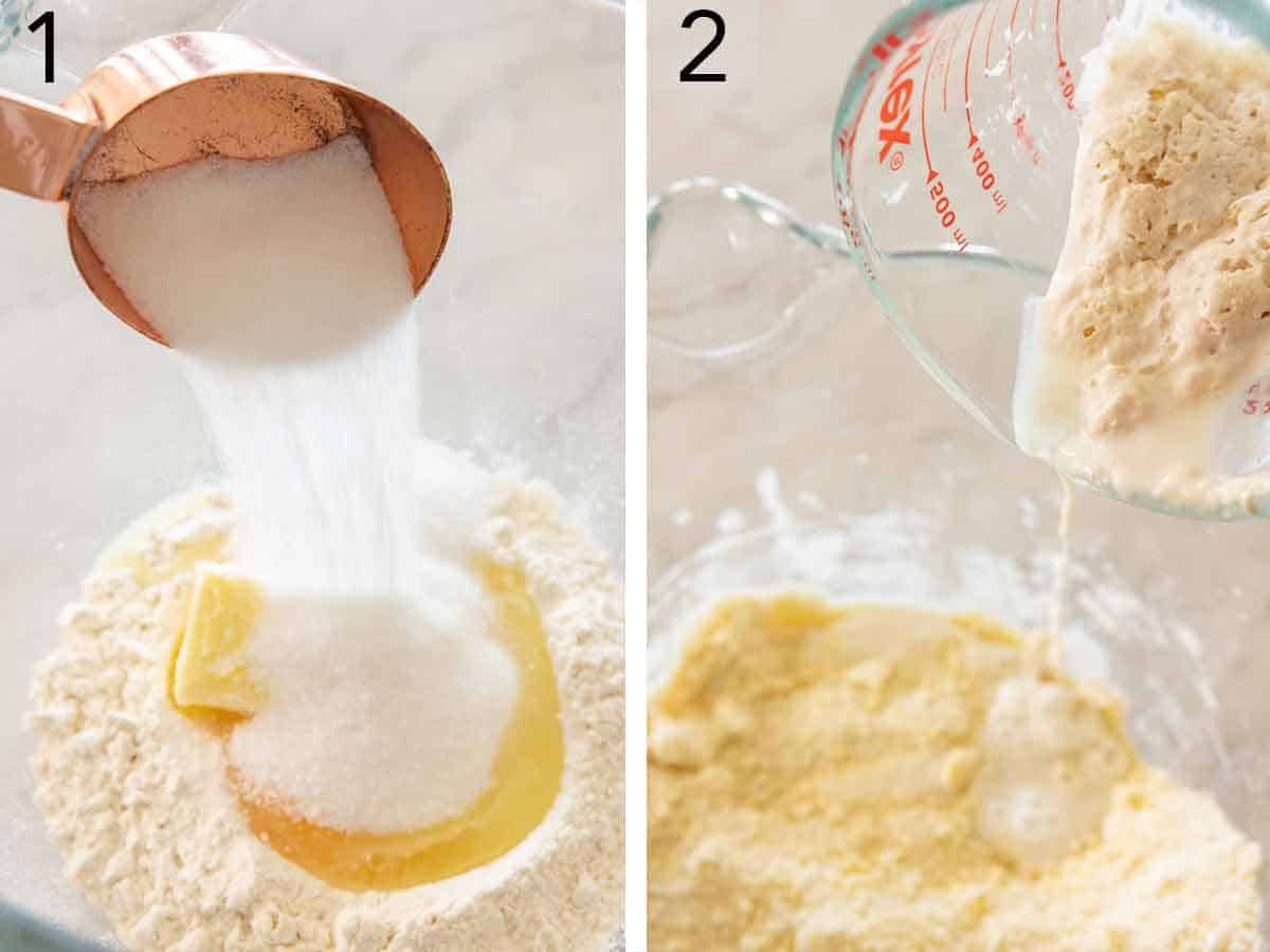 Set of two photos showing sugar poured into a bowl with other ingredients and then milk-yeast mixture added.