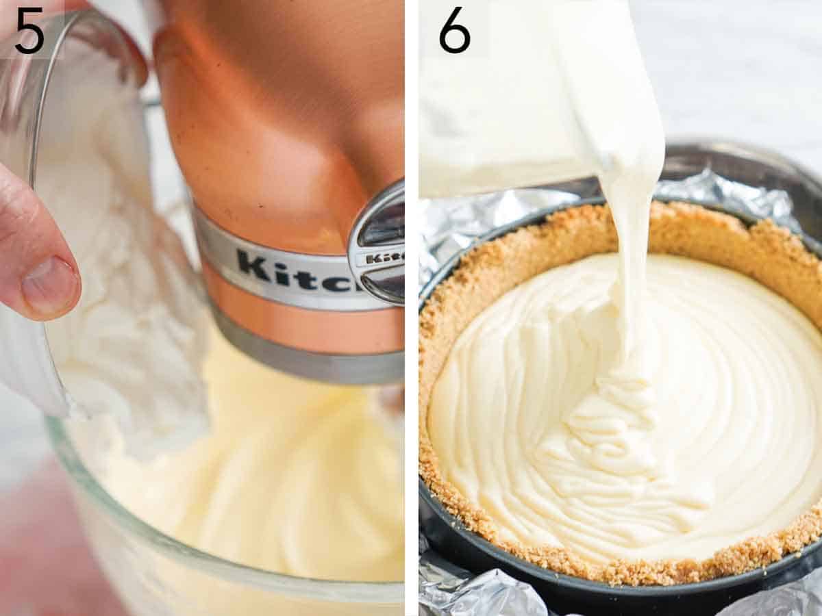 Set of two photos showing sour cream added to mixture and batter poured into the crust.