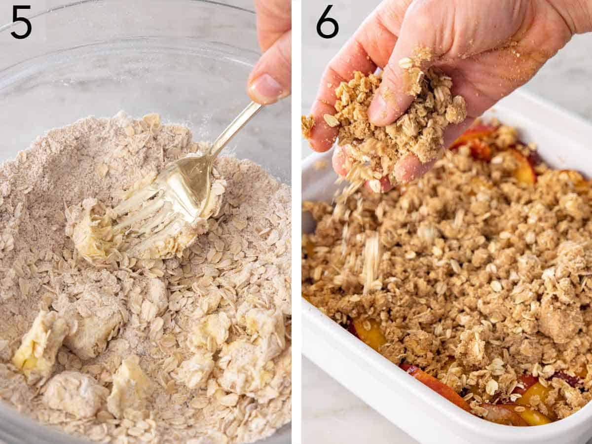 Set of two photos showing butter worked into the oats and sprinkled over the peaches.