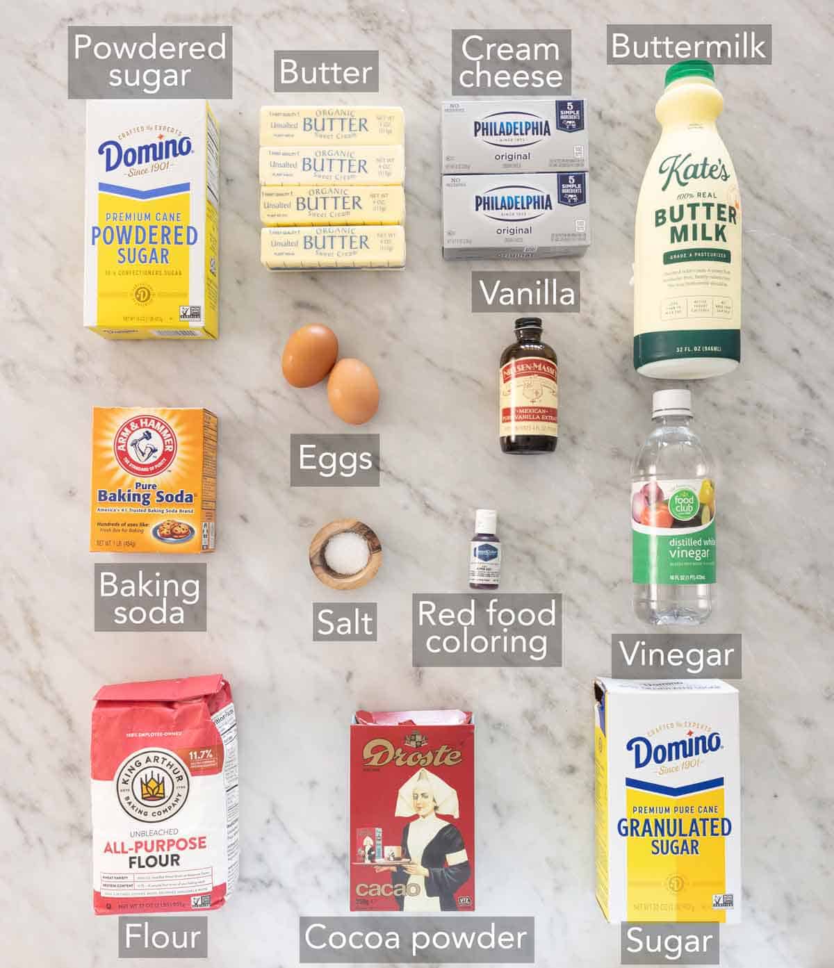 Ingredients needed to make red velvet cake.