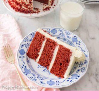 Pinterest graphic of a slice of red velvet cake on a plate in front of a glass of milk and the rest of the cake.