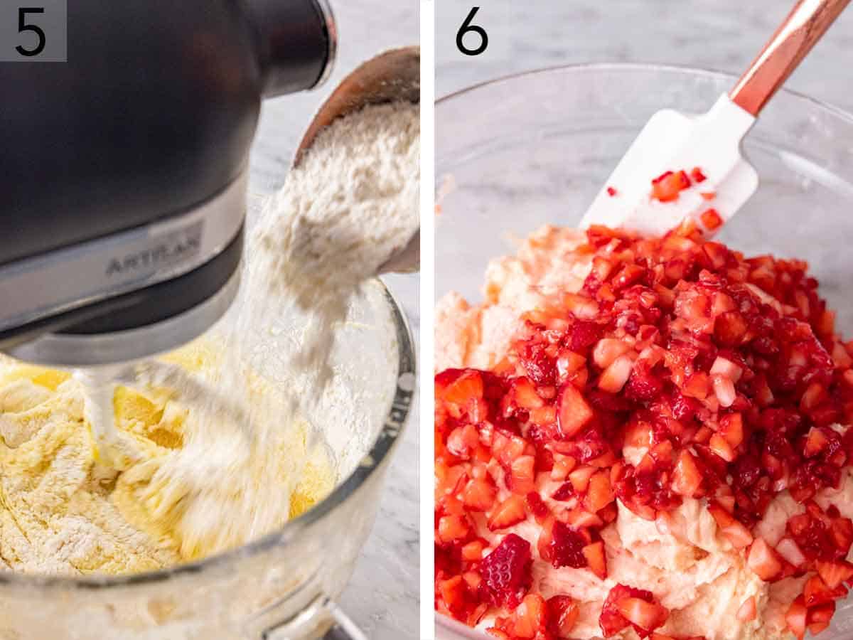 Set of two photos showing dry ingredients added to the mixer and chopped strawberries folded in.