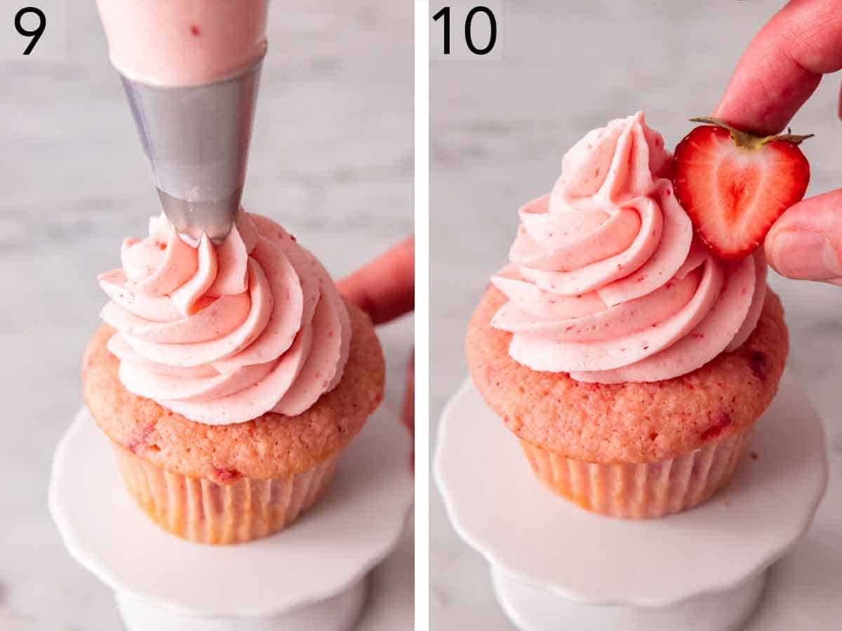 Set of two photos showing cupcakes frosted and garnished with a cut strawberry.