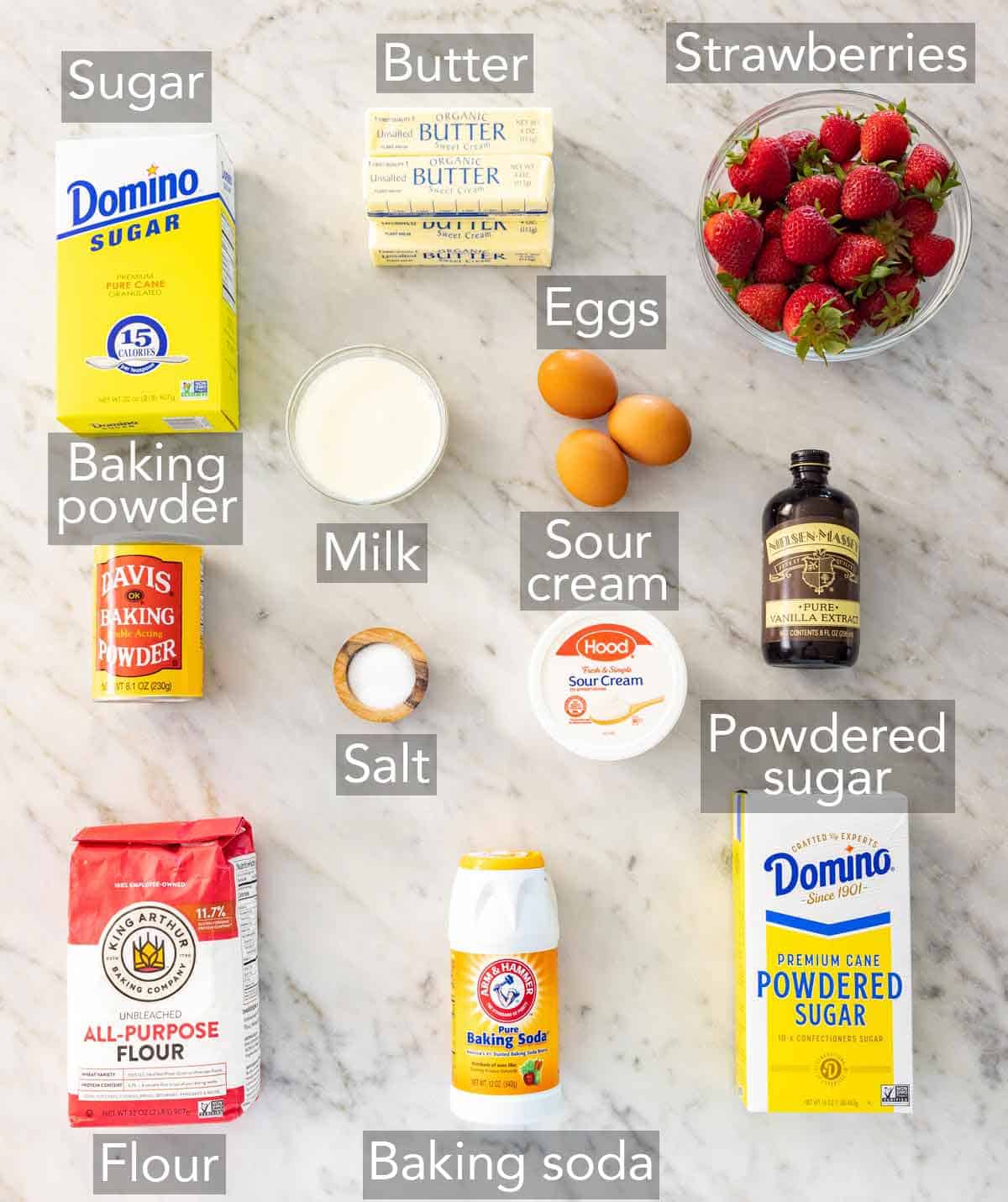 Ingredients needed to make strawberry cupcakes.