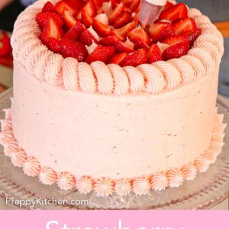Pinterest graphic of frosting being piped onto the top of a strawberry lemonade cake.