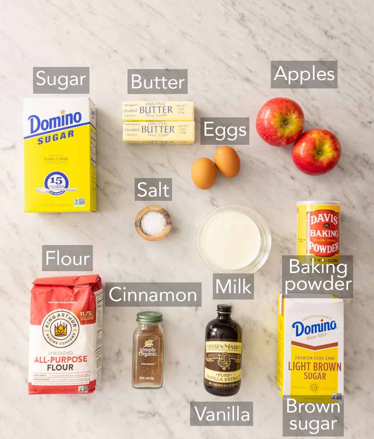 Ingredients needed to make apple muffins.