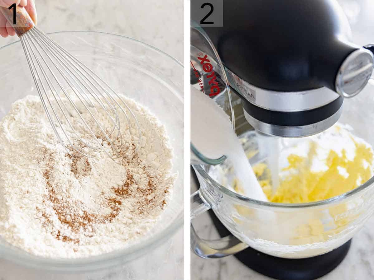 Set of two photos showing dry ingredients whisked and butter creamed with sugar.