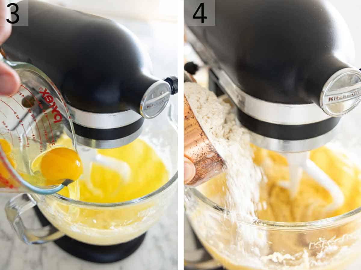 Set of two photos showing egg and dry mixture added to the mixer.